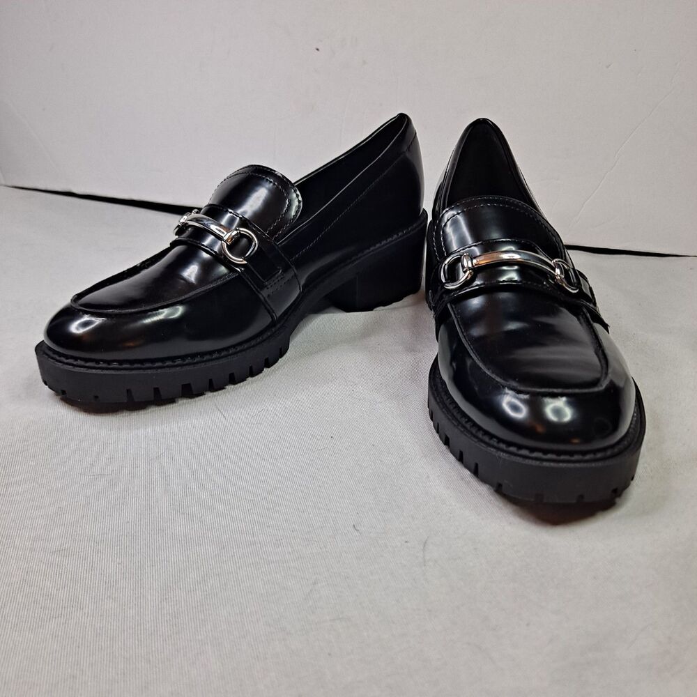 Marc Fisher Dancel Block Heel Womens Sz 9.5 Black Patent Loafer Horsebit Shoes